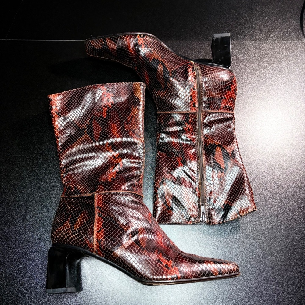 Vero cuoio snakeskin leather ankle boots vintage block heel brown Phillis Poland
